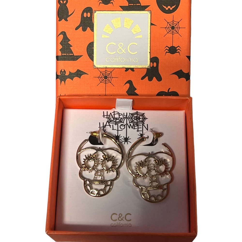 C&C California Skull Gold Tone Earrings Dia De Los Muertos Sugar Skull